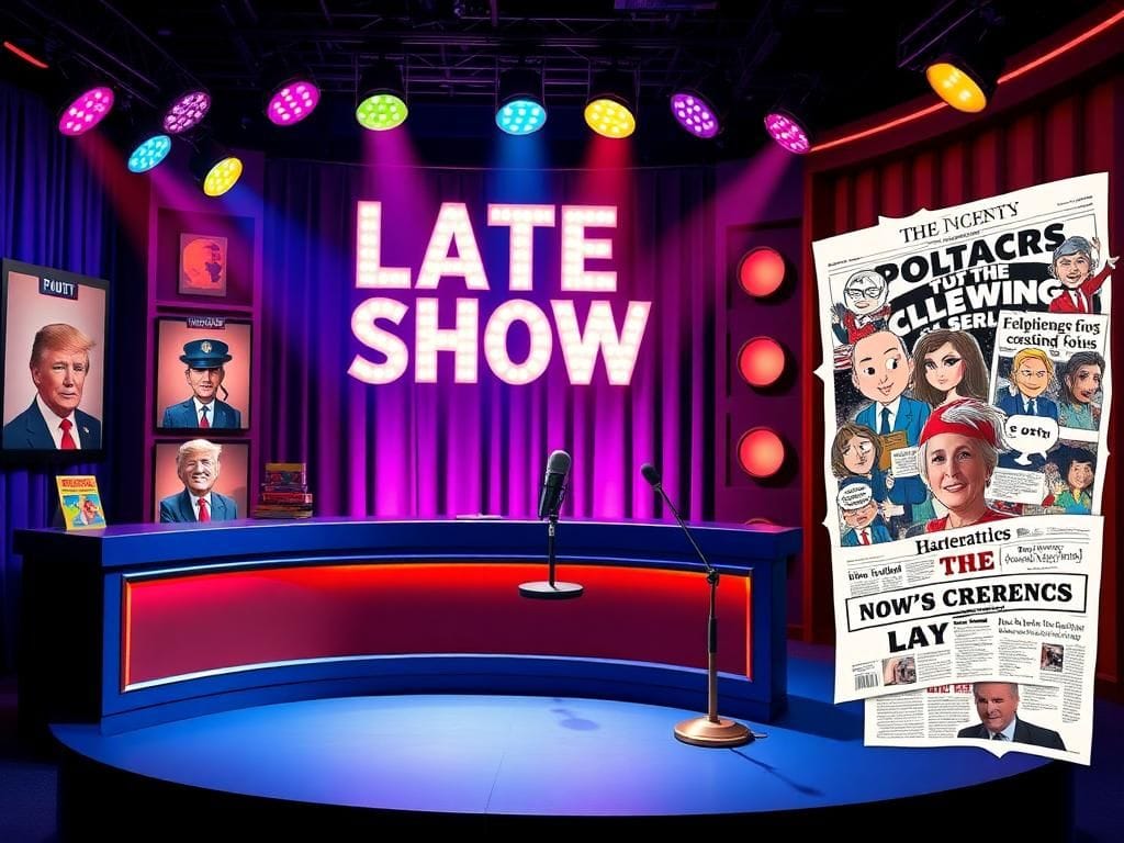 Flick International A vibrant late-night television studio set of 'The Late Show' with Stephen Colbert, featuring colorful lights and political decor.