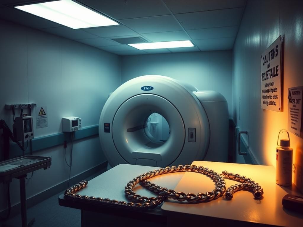 Flick International A dimly lit MRI room with a large MRI machine and a metallic necklace on the countertop
