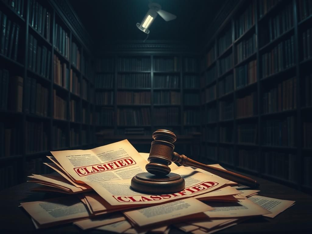 Flick International Ominous library filled with dark wooden shelves and an antique court gavel on yellowed legal documents