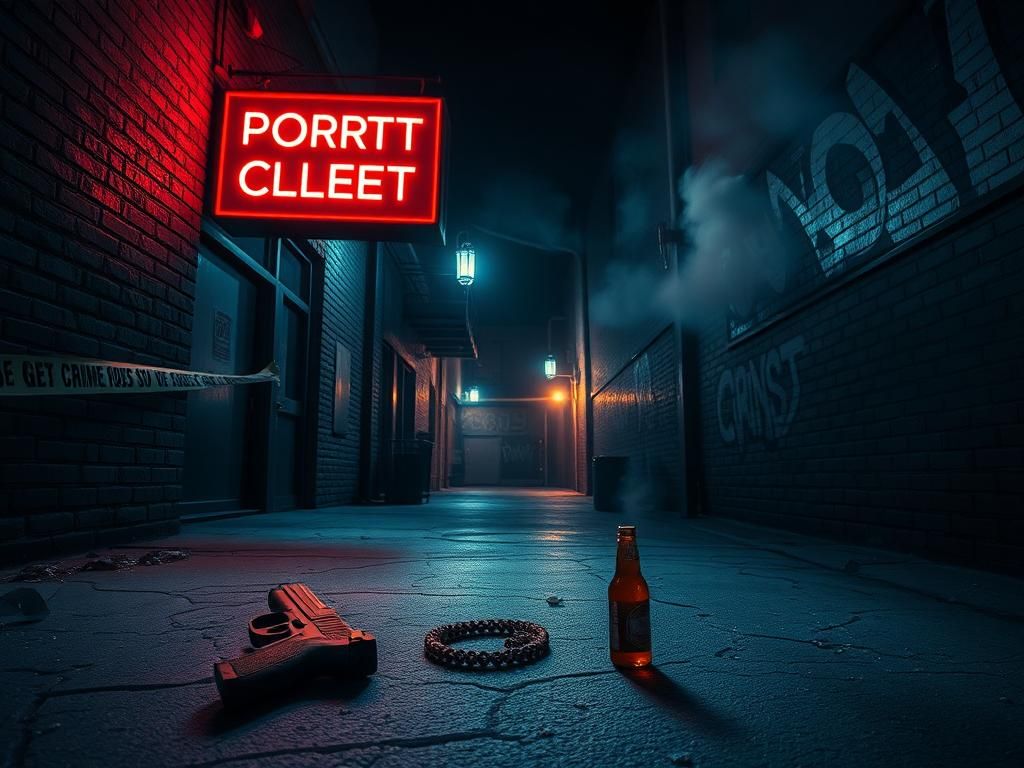 Flick International Dark urban alleyway at night with graffiti and discarded firearm