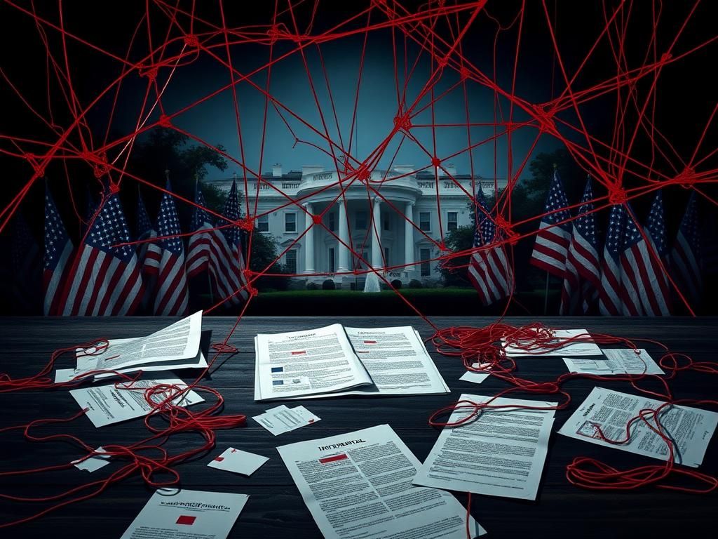 Flick International A tangled web of red strings symbolizing political conspiracies across American flags