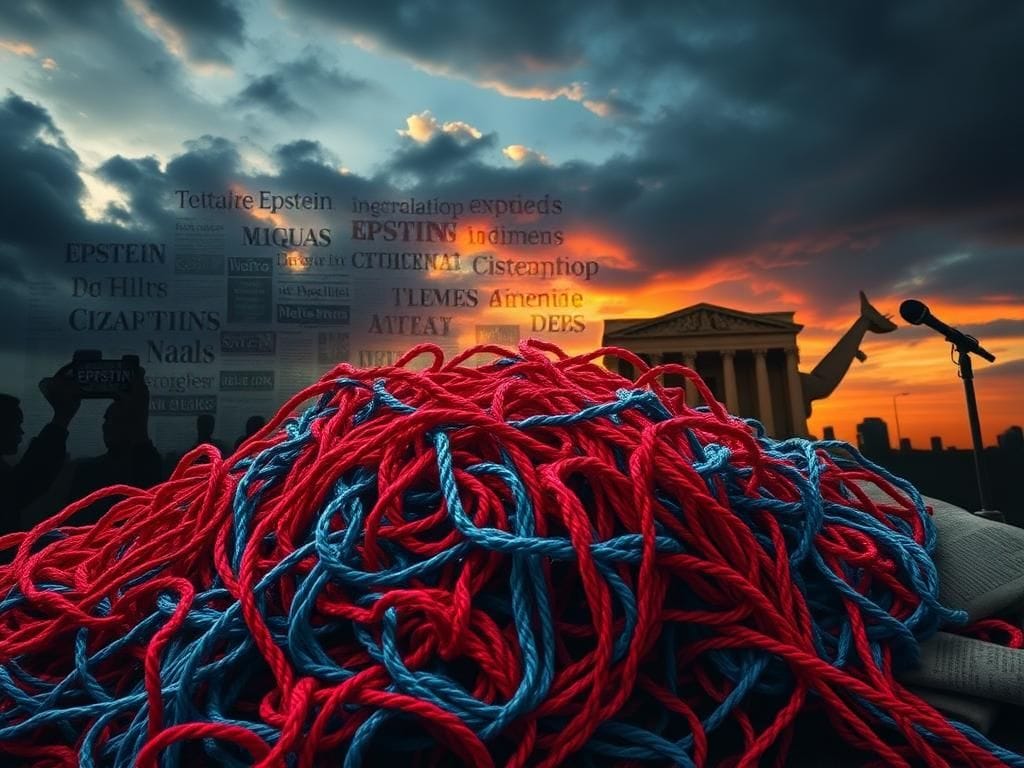 Flick International A symbolic composition of red and blue yarn representing political chaos amid media attention.