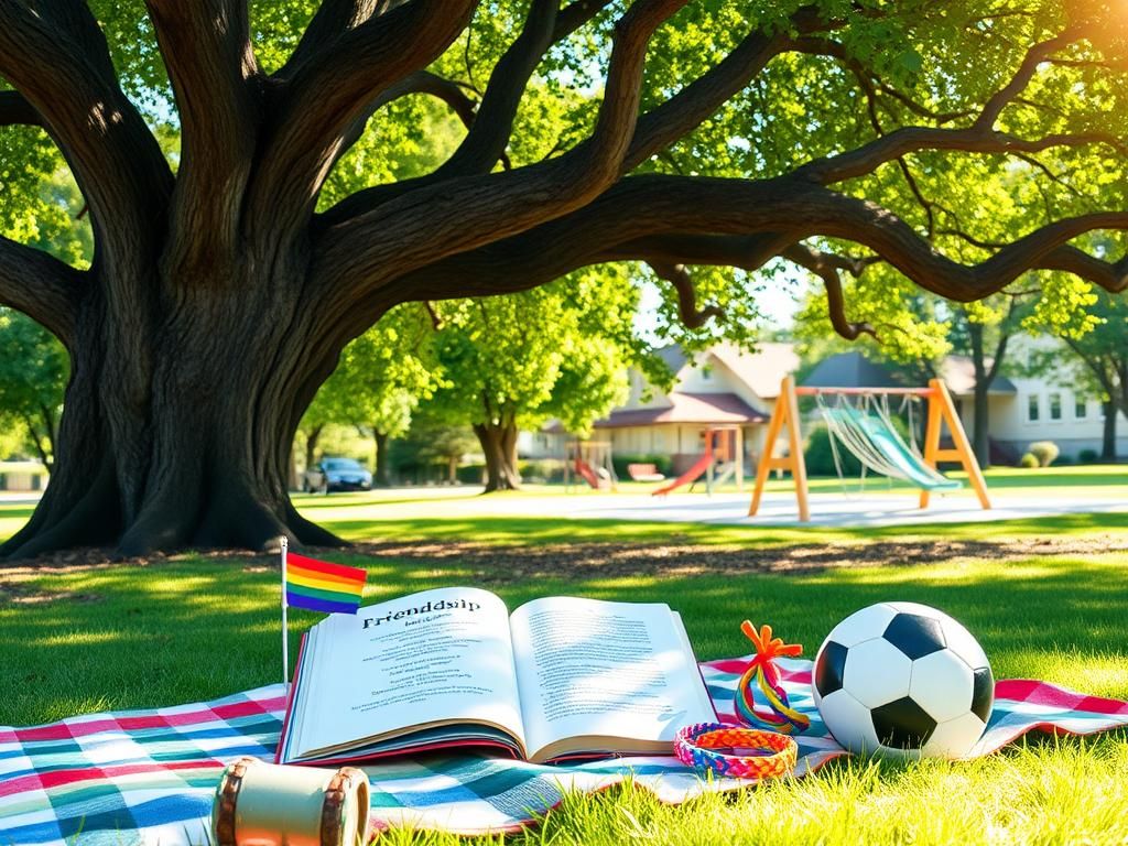 Flick International Outdoor park scene with a large oak tree and symbols of friendship and diversity