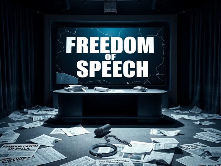 Flick International Dimly lit television studio set with an empty desk, crumpled scripts, and a broken microphone representing the aftermath of a controversial show cancellation.