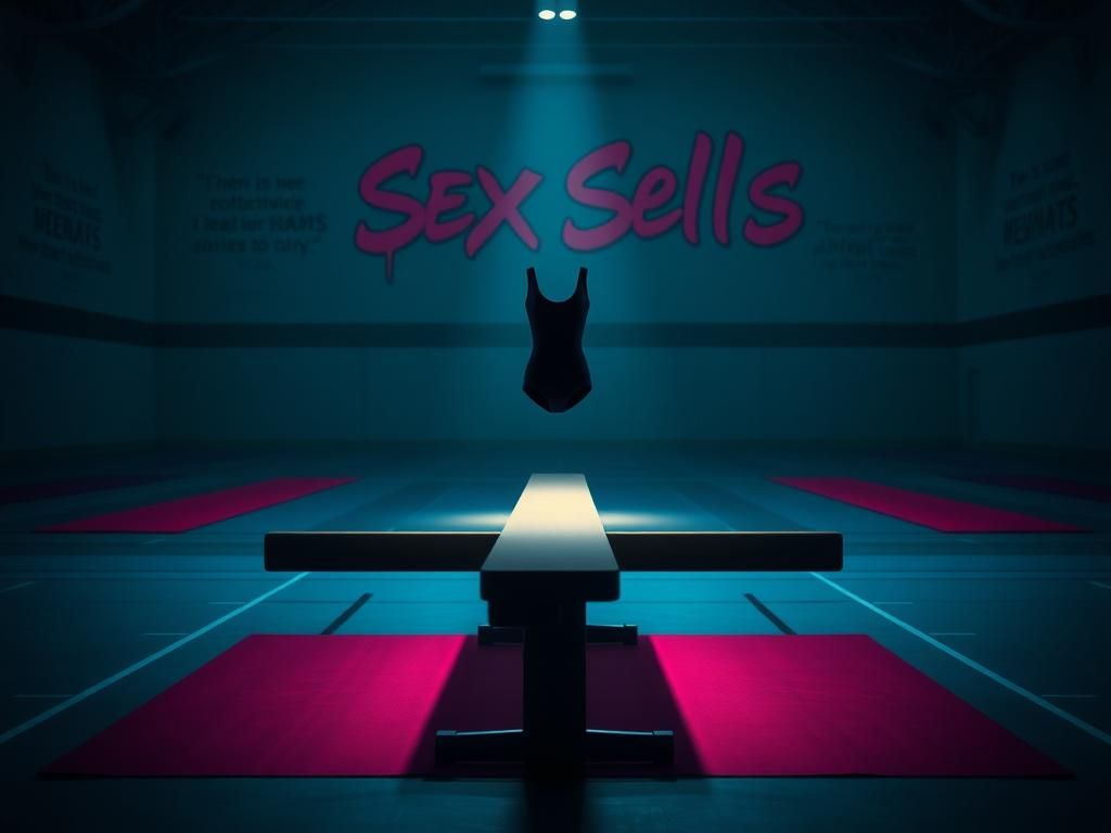 Flick International Empty balance beam in a moody gymnasium scene highlighting themes of athleticism and objectification.