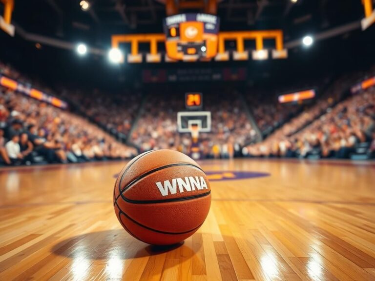 Flick International A basketball resting on a polished court under bright arena lights, symbolizing the spirit of women’s basketball.