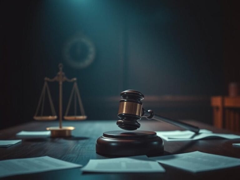 Flick International A dimly lit courtroom scene depicting a gavel striking down symbolizing the trial verdict