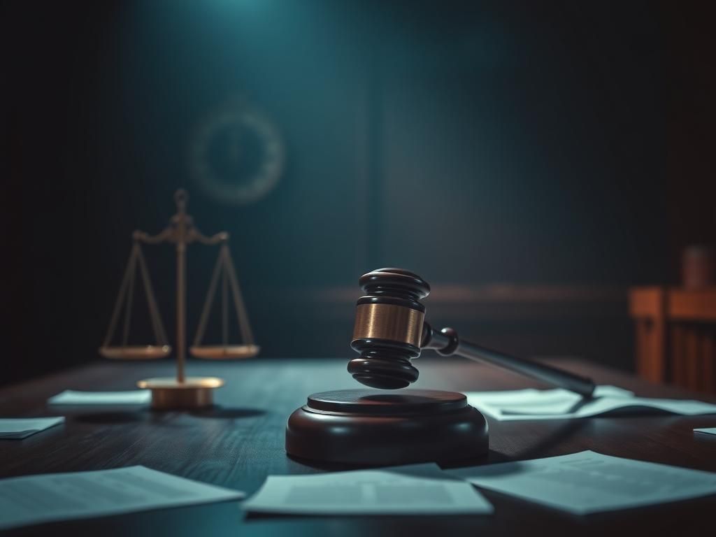 Flick International A dimly lit courtroom scene depicting a gavel striking down symbolizing the trial verdict