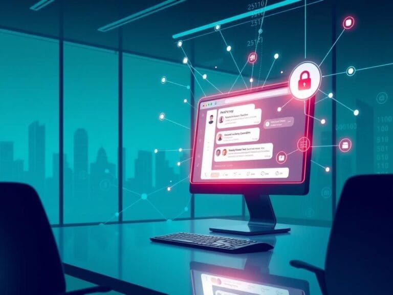 Flick International Digital illustration of an AI chatbot interface in a modern office