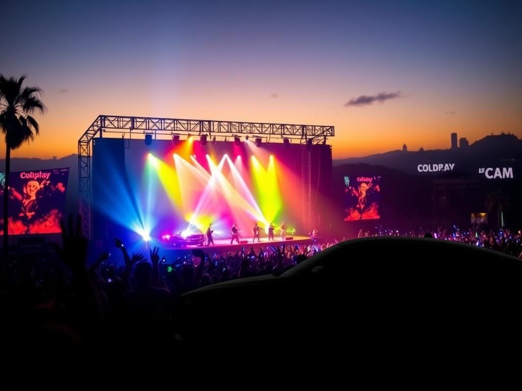 Flick International Concert scene with Coldplay performing, colorful lights, and a Kiss Cam graphic