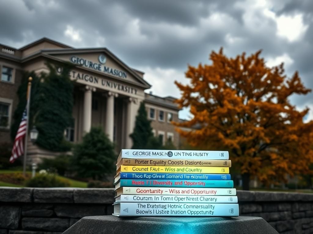Flick International A modern university campus with George Mason University's classical architecture and diverse books symbolizing equality