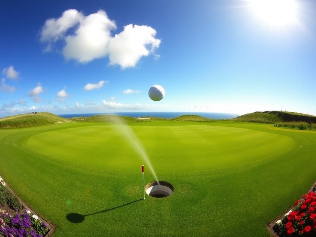 Flick International A panoramic view of the 13th hole at Royal Portrush Golf Club with a golf ball mid-flight toward the hole.