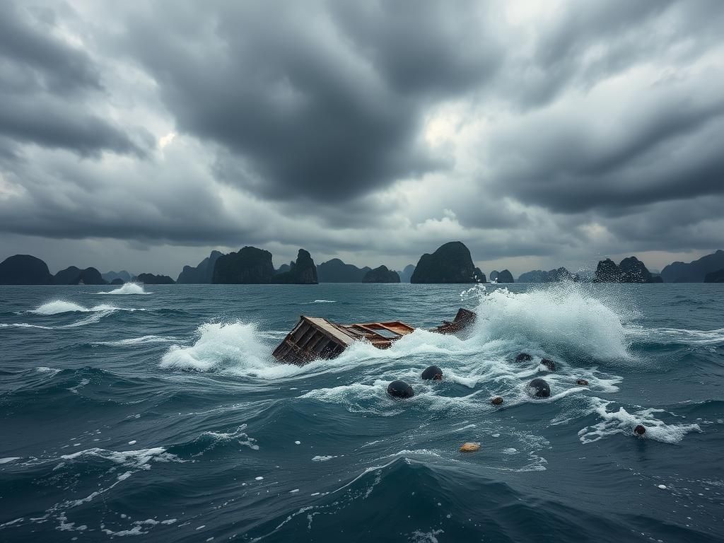 Flick International Turbulent sea with dark clouds during a thunderstorm, showing a capsized boat in Vietnam