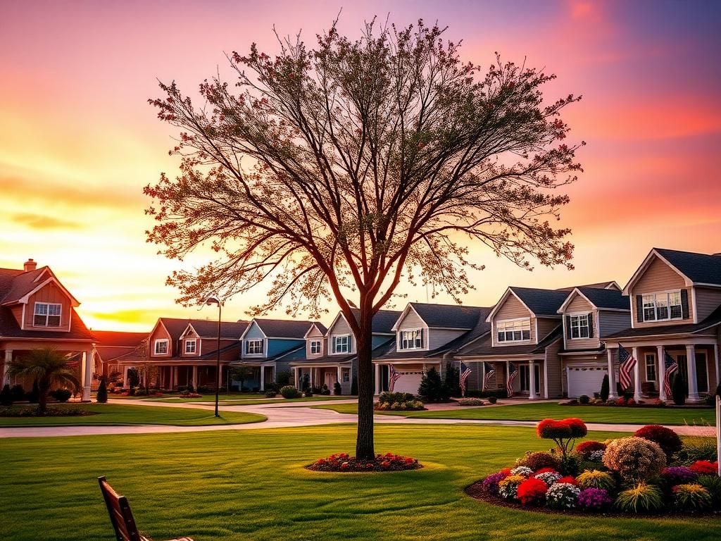 Flick International A beautifully landscaped neighborhood featuring 25 homes adorned with American flags at sunset