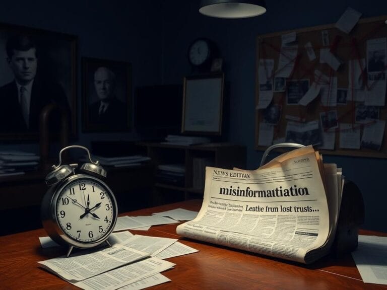 Flick International Darkened editorial office with papers and a cracked clock symbolizing lost trust.