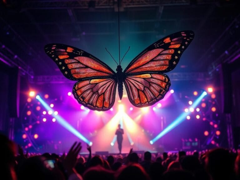 Flick International A dramatic concert scene with a large butterfly prop stuck midair above an empty stage