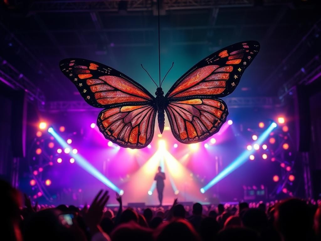 Flick International A dramatic concert scene with a large butterfly prop stuck midair above an empty stage