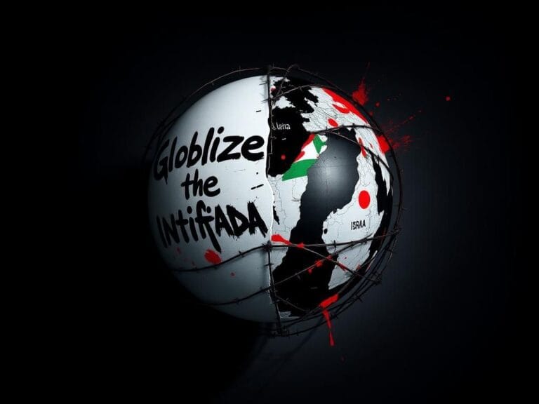 Flick International Abstract globe made of cables and barbed wire, featuring graffiti text 'Globalize the Intifada' against a dark background