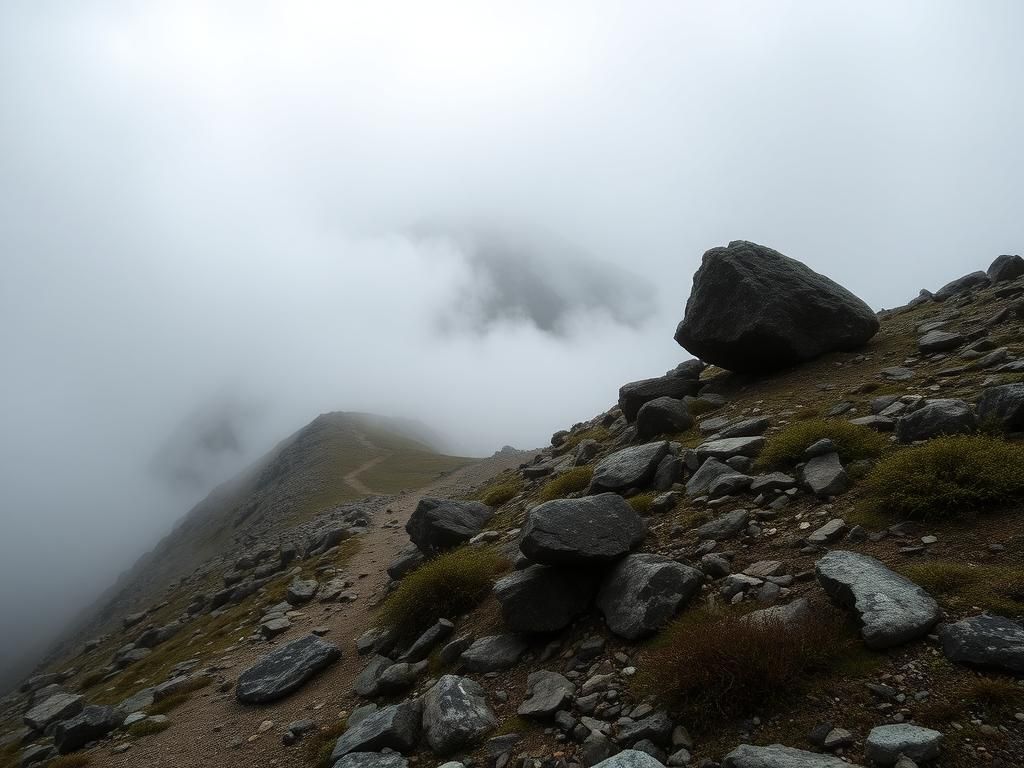 Flick International Misty mountain landscape at Mount Washington with craggy rocks and low-hanging clouds