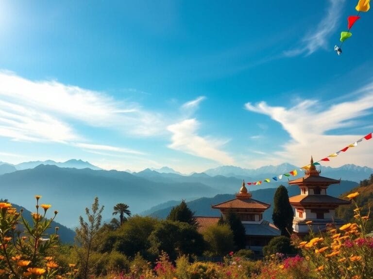 Flick International Serene view of a Tibetan Buddhist temple in Dharamshala with prayer flags and mountains