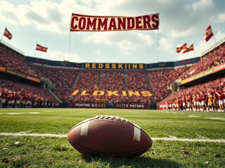 Flick International Vintage American football stadium with fans, showcasing 'COMMANDERS' and remnants of 'REDSKINS' legacy