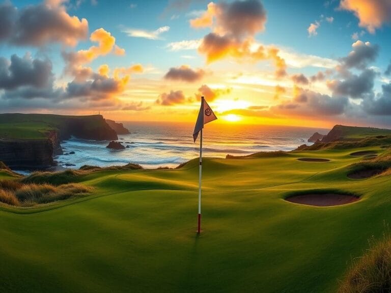 Flick International Panoramic view of Royal Portrush golf course at sunset