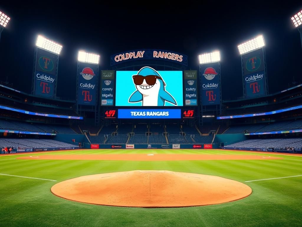 Flick International A lively baseball stadium scene under bright lights with an empty pitcher's mound and a humorous shark graphic on the jumbotron