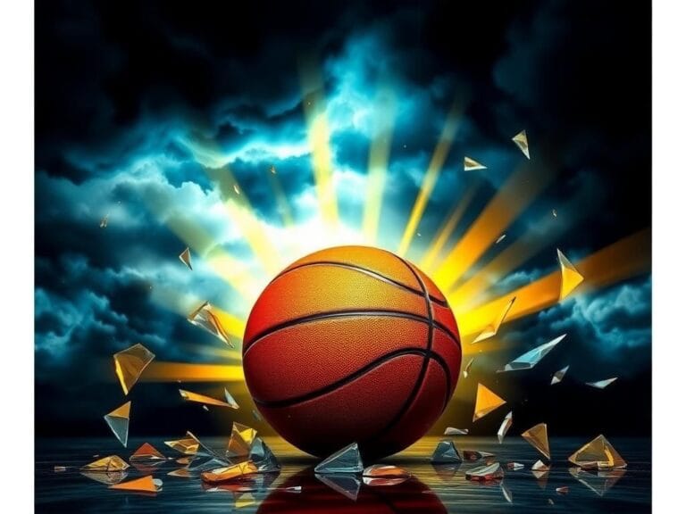 Flick International A powerful abstract representation of resilience in the face of cyberbullying featuring a basketball and shattered glass.