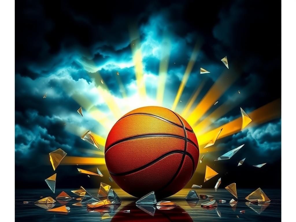 Flick International A powerful abstract representation of resilience in the face of cyberbullying featuring a basketball and shattered glass.