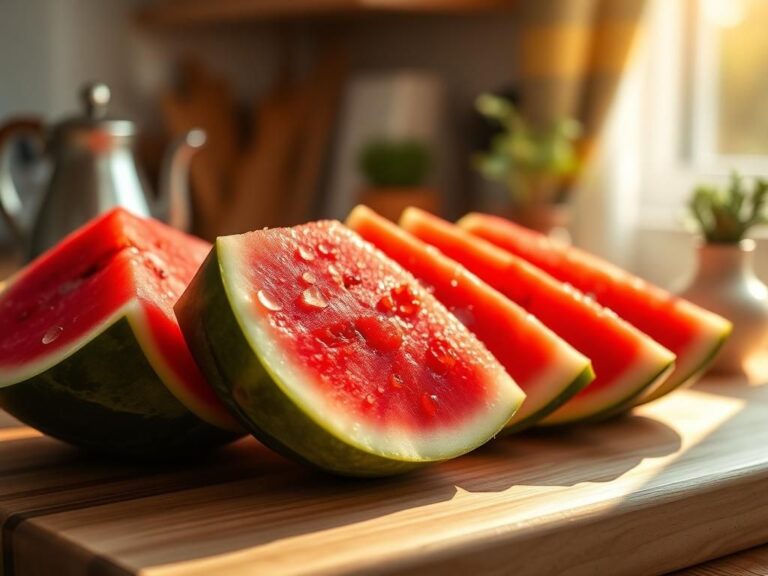 Flick International Close-up of a vibrant, freshly cut watermelon on a cutting board.