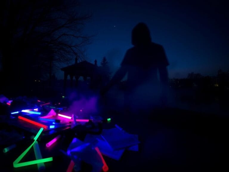 Flick International Dimly lit scene of a chaotic outdoor rave in Portland with scattered glow sticks and party flyers