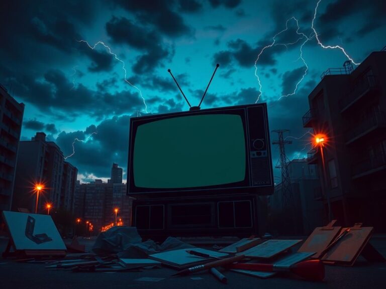 Flick International Dramatic urban scene at twilight featuring a large television set silhouetted against a dusky sky