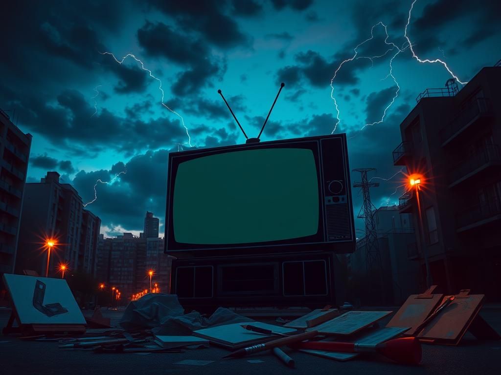 Flick International Dramatic urban scene at twilight featuring a large television set silhouetted against a dusky sky