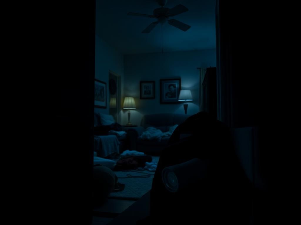 Flick International Dark interior of a suburban home with an open door and scattered personal items