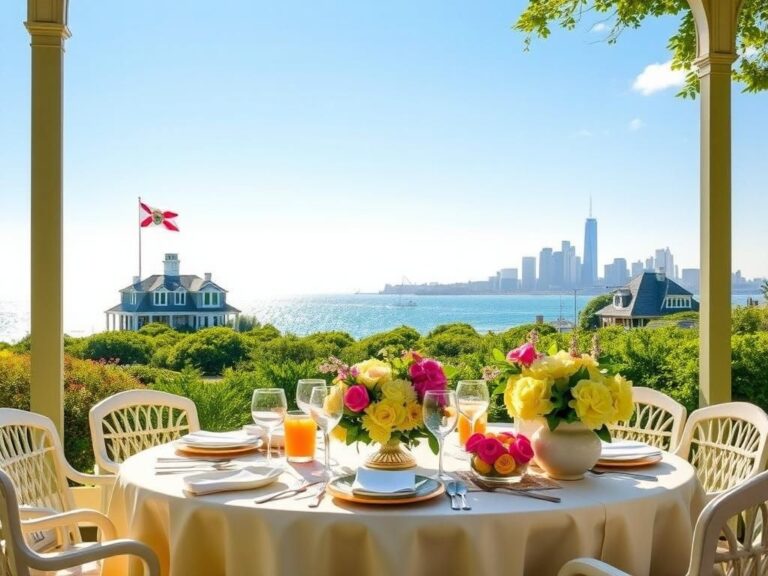 Flick International Elegant outdoor breakfast scene in the Hamptons with fine china, crystal glassware, and lush greenery