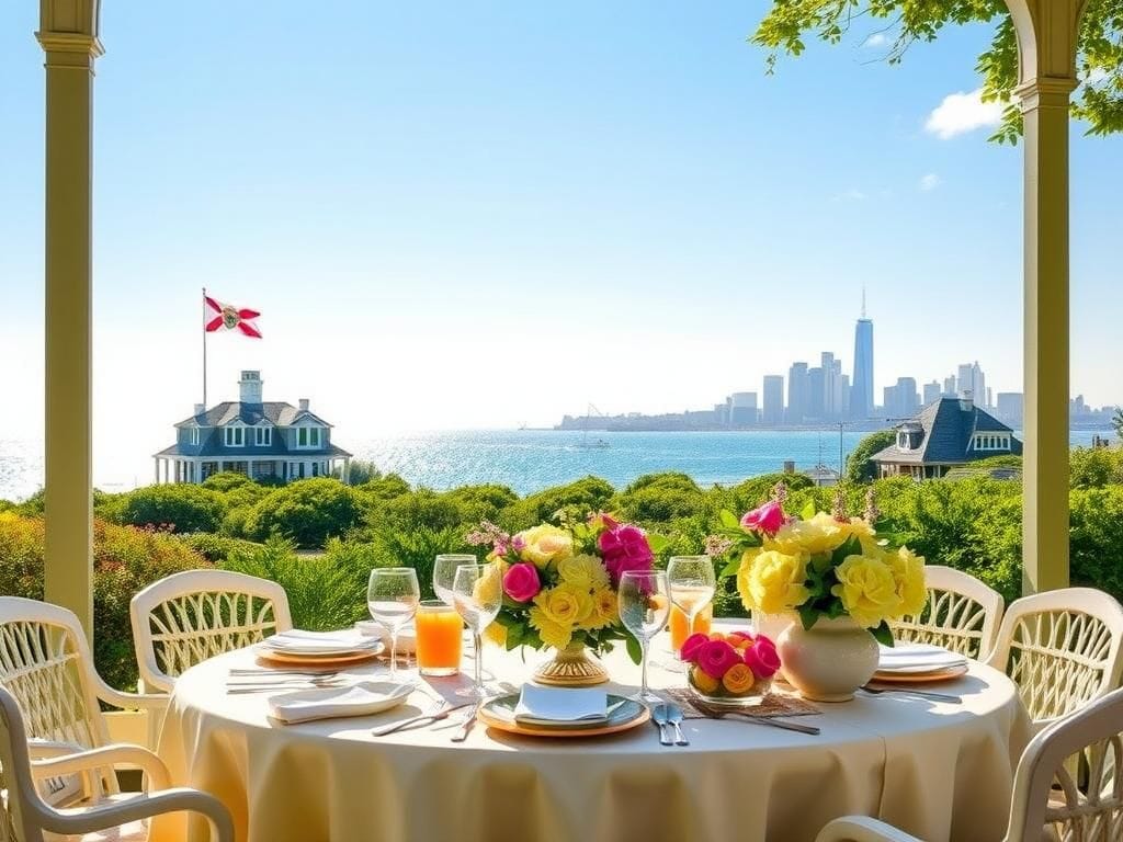 Flick International Elegant outdoor breakfast scene in the Hamptons with fine china, crystal glassware, and lush greenery