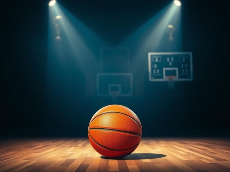 Flick International Dramatic basketball court scene with a single basketball on glossy hardwood floor