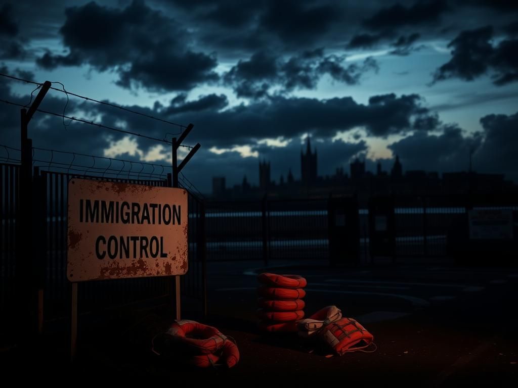 Flick International Empty border checkpoint at dusk with barriers and barbed wire silhouetted against a dark sky