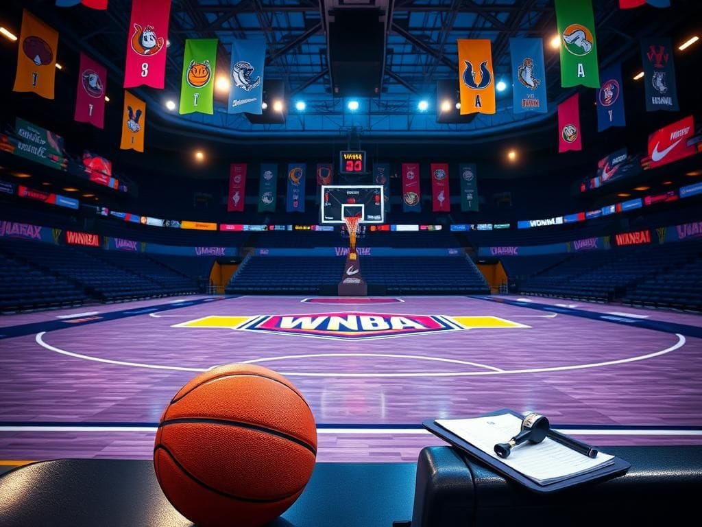 Flick International Empty basketball court showcasing WNBA logo under stadium lights