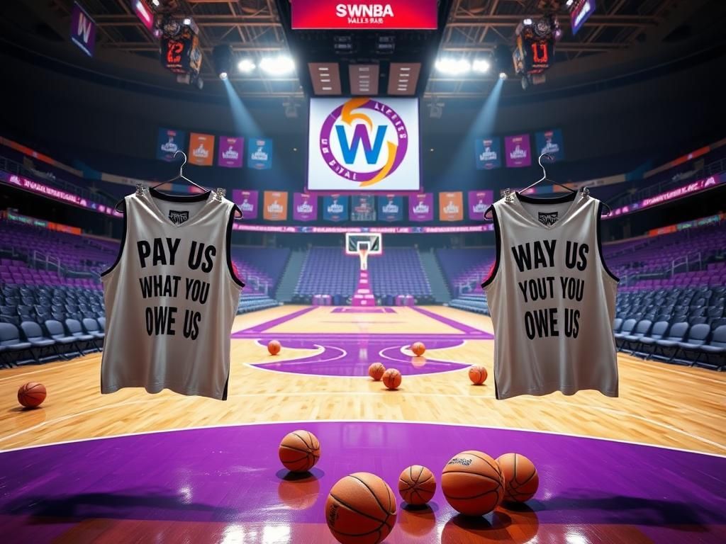Flick International Dynamic image of a basketball court with jerseys saying 'Pay Us What You Owe Us' and WNBA logo