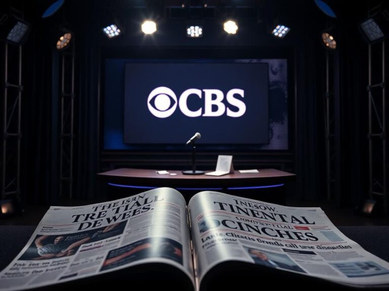 Flick International Darkened television studio set with an empty late-night talk show desk and CBS logo in the background