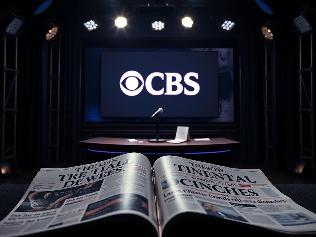 Flick International Darkened television studio set with an empty late-night talk show desk and CBS logo in the background