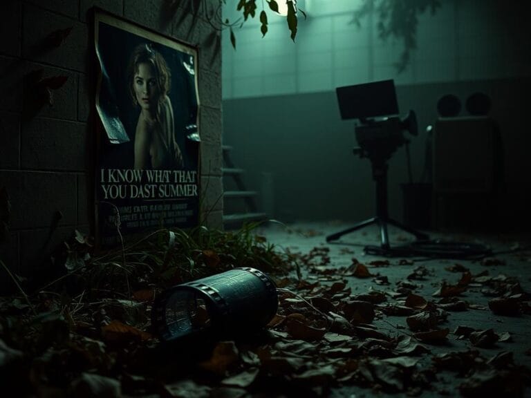 Flick International Dimly lit film studio lot with a peeling poster for 'I Know What You Did Last Summer'