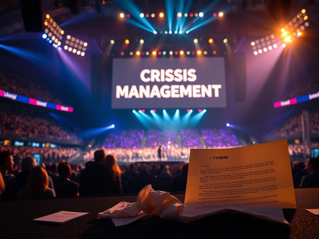Flick International Dramatic concert scene featuring a Jumbotron displaying 'Crisis Management' amidst vibrant lights and a faceless crowd