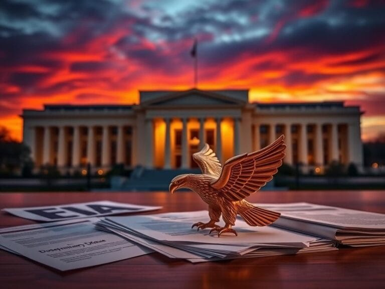 Flick International A dramatic view of the Pentagon illuminated at sunset with a polished brass eagle emblem on a wooden table.