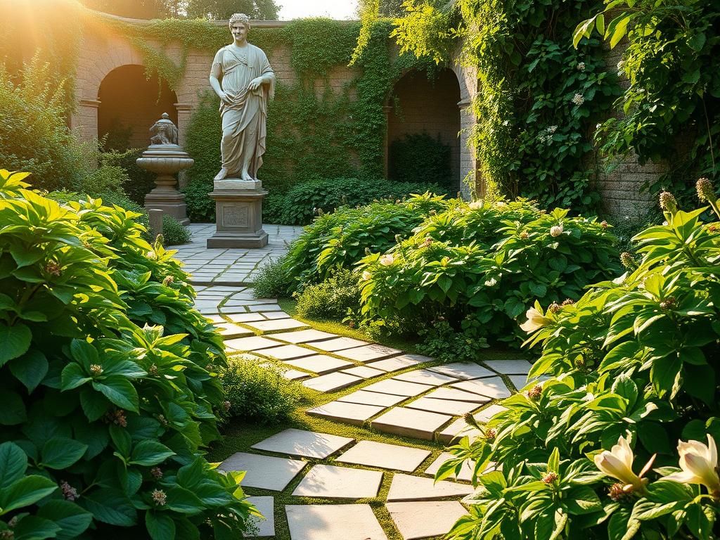 Flick International A lush garden filled with ancient Roman medicinal plants under soft sunlight
