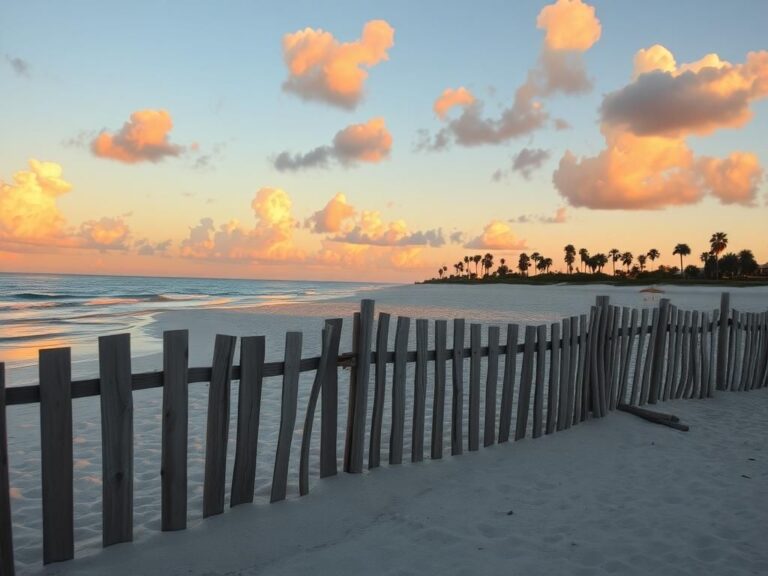 Flick International Secluded private beach at sunset with a rustic wooden fence marking property boundaries