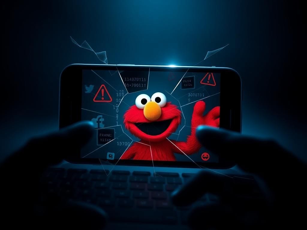 Flick International Cracked smartphone screen with Elmo character amidst cybersecurity threats