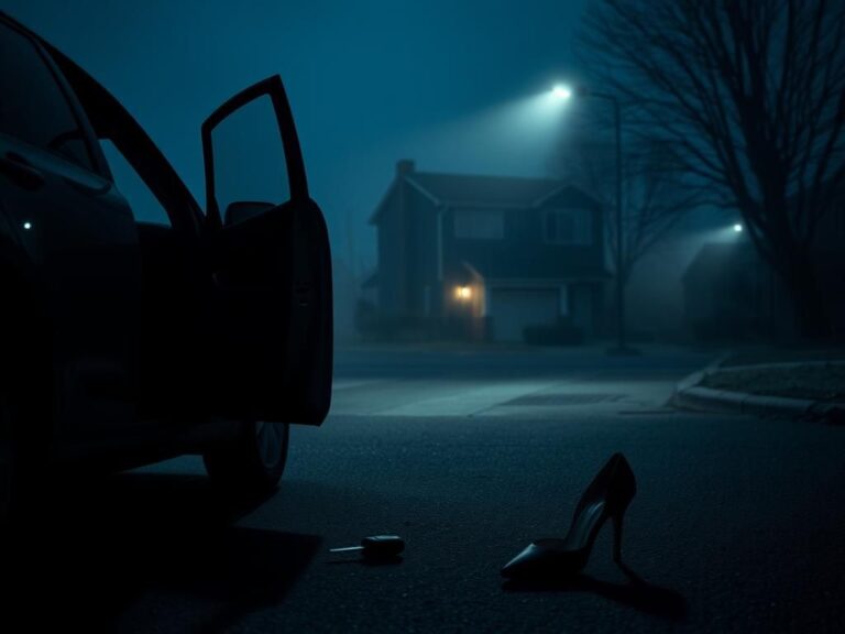 Flick International Dimly lit suburban street at dawn with mist, parked car and abandoned high heels.