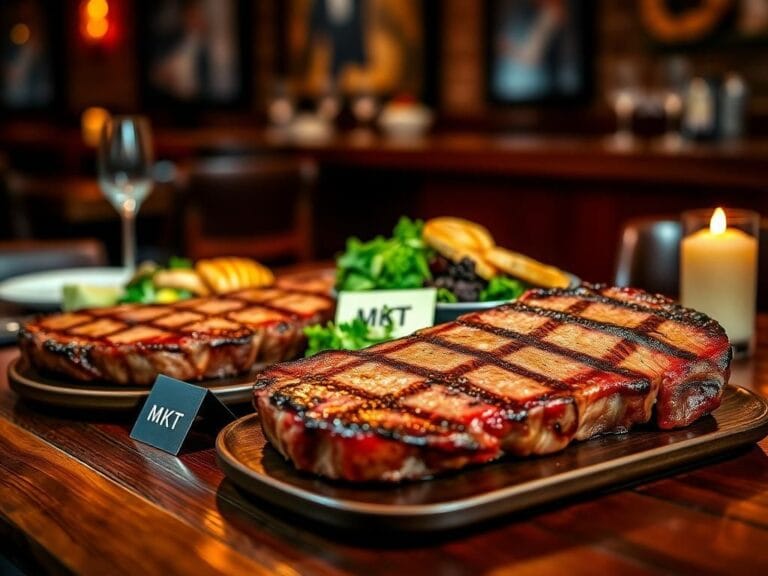 Flick International Two beautifully presented New York strip steaks on a rustic wooden table with 'MKT' label nearby